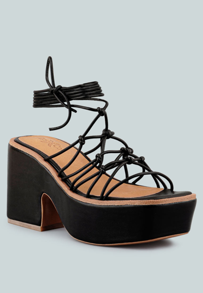 Rag & Co X Fawcett Black Tie Up Platform Heeled Sandals