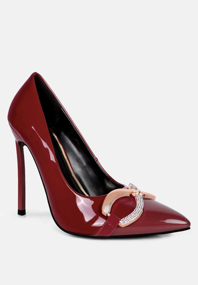 Rag & Co Cocktail Buckle Embellished Stiletto Pump Shoes In Burgundy In Red