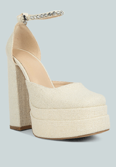 Rag & Co Cosette Diamante Embellished Ankle Strap High Block Heel Sandals In Off White