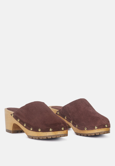 Rag & Co Cedrus Fine Suede Studded Clog Mules In Brown