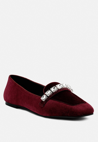 Rag & Co Lamington Diamante Embellished Velvet Loafers In Burgundy In Red