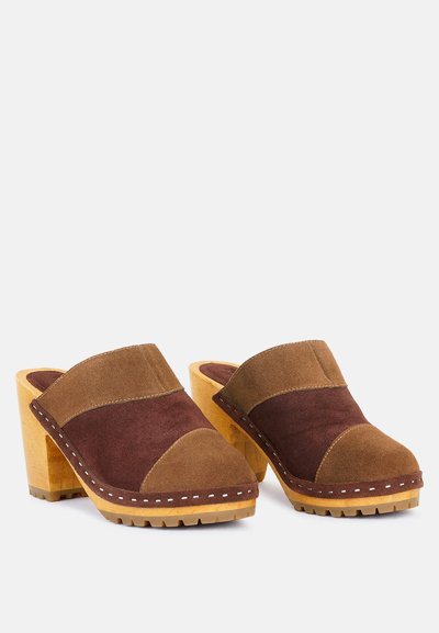 Rag & Co Ochroma Vintage Patchwork Suede Mule Clogs In Brown
