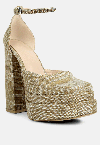 Rag & Co Cosette Diamante Embellished Ankle Strap High Block Heel Sandals In Beige In Gold