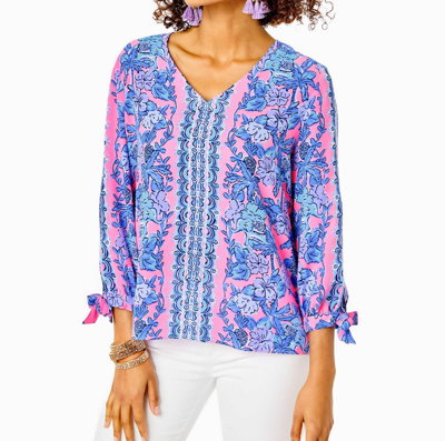 Lilly Pulitzer Pamala Lileeze Top In Soleil Pink Palm Paradise Engineered Woven Top