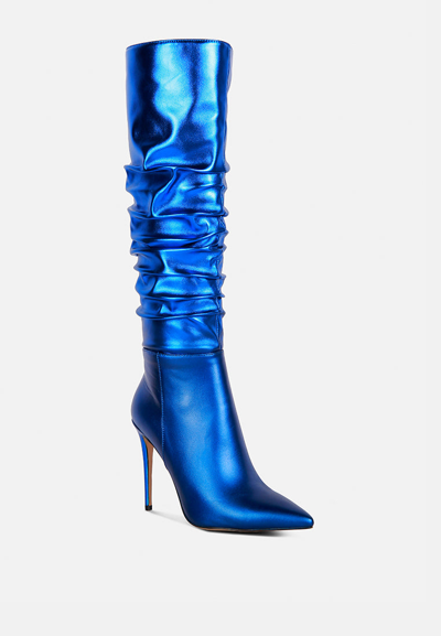Rag & Co New Expession Blue Metallic Ruched Stiletto Calf Boots