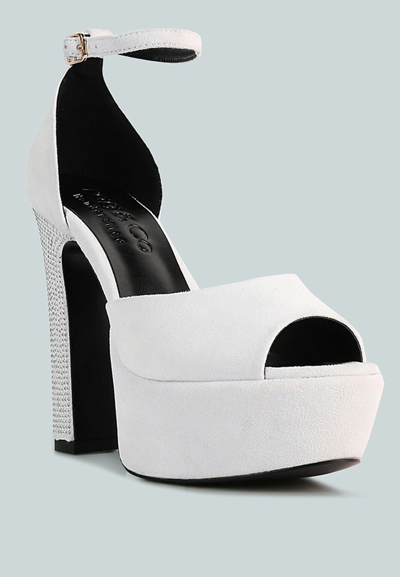 Rag & Co Beaty White Studded Suede High Block Heeled Sandals