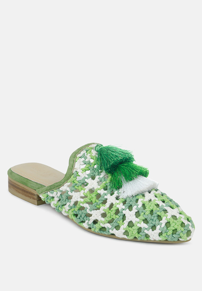 Rag & Co Mariana Green Woven Flat Mules With Tassels