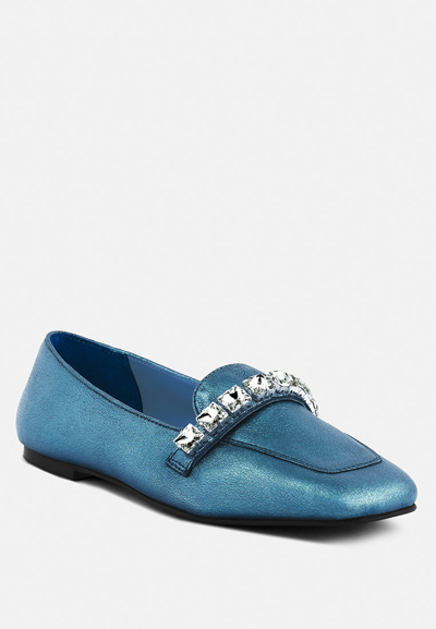 Rag & Co Churros Diamante Embellished Metallic Loafers In Blue
