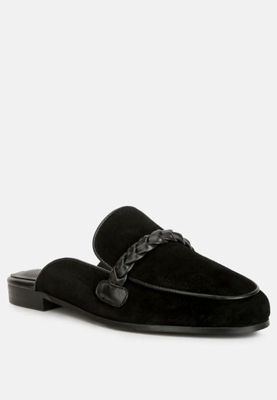 Rag & Co Lavinia Suede Leather Braided Detail Mules In Black