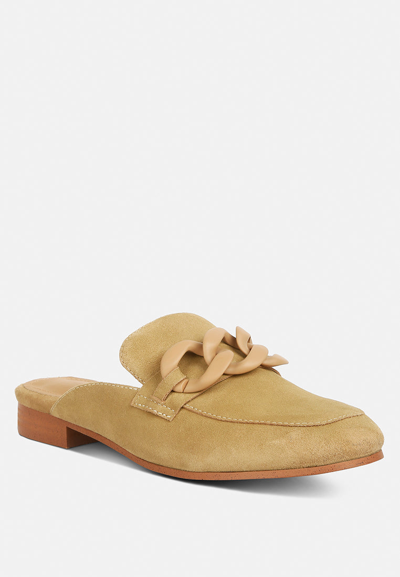 Rag & Co Krizia Chunky Chain Suede Slip On Mules In Sand In Brown