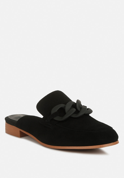 Rag & Co Krizia Chunky Chain Suede Slip On Mules In Black