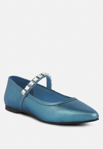 Rag & Co Alverno Metallic Diamante Mary Jane Leather Flats In Blue