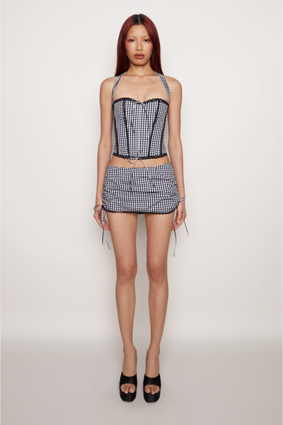Danielle Guizio Ny Gingham Ruched Side Tie Mini Skirt In Black / White