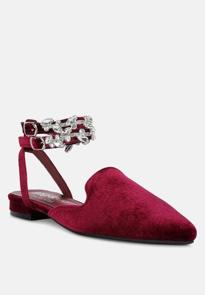 Rag & Co Salome Burgundy Velvet Luxe Jewelled Flat Mules In Red