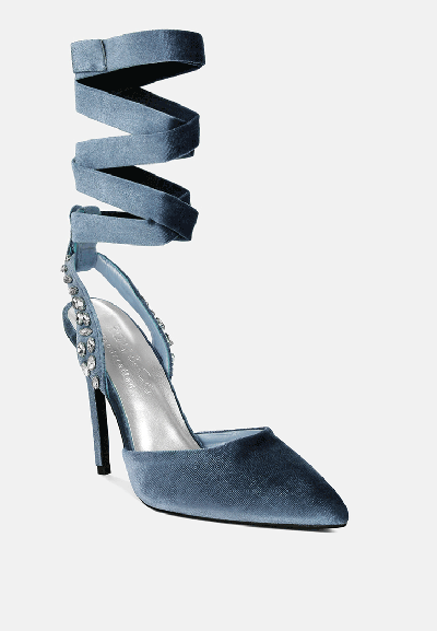 Rag & Co Wallis Blue Diamante Embellished Tie Up Stiletto Sandals