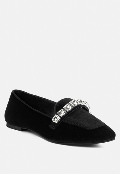 Rag & Co Lamington Diamante Embellished Velvet Loafers In Black