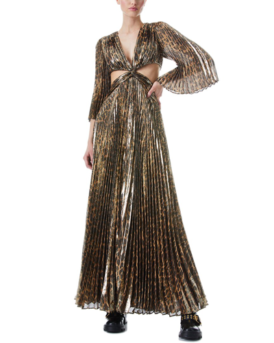 Alice And Olivia Bahama Metallic Pleated Cutout Silk Blend Maxi Dress In Gold
