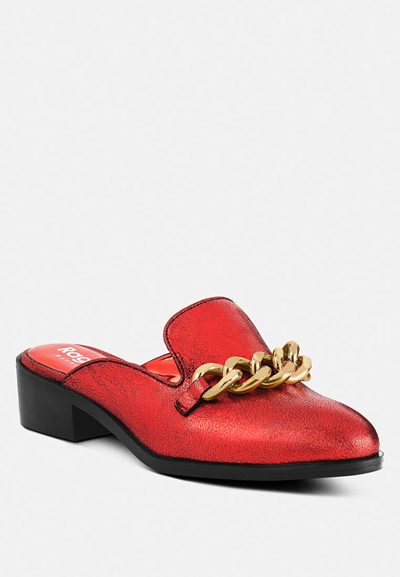 Rag & Co Aksa Chain Embellished Metallic Red Leather Mules