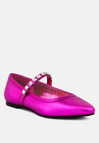 Rag & Co Alverno Metallic Diamante Mary Jane Leather Flats In Fuchsia In Pink