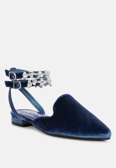 Rag & Co Salome Blue Velvet Luxe Jewelled Flat Mules
