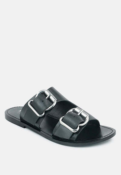 Rag & Co Kelly Black Flat Sandal With Buckle Straps