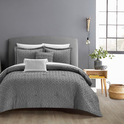 Chic Home Design Reign 5 Piece Comforter Set Clip Jacquard Geometric Pattern Design Bedding In Grey
