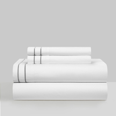 Chic Home Design Valencia 4 Piece Organic Cotton Sheet Set Solid White With Dual Stripe Embroidery In Grey