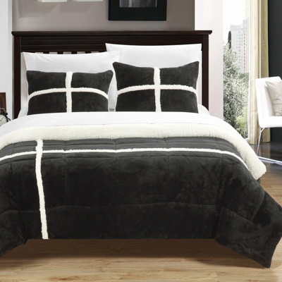 Chic Home Design Chiron 3 Piece Comforter Set Ultra Plush Micro Mink Sherpa Lined Bedding In Black