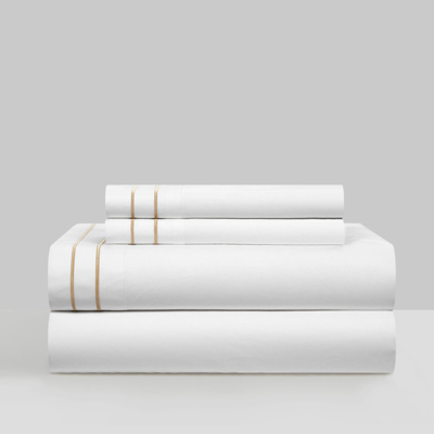 Chic Home Design Valencia 4 Piece Organic Cotton Sheet Set Solid White With Dual Stripe Embroidery In Yellow