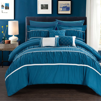 Chic Home Design Wanda 10 Piece Comforter Set Complete Bed In A Bag Pleated Ruched Ruffled Bedding In Blue