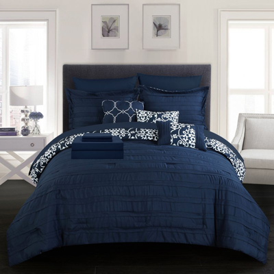 Chic Home Design Zarina 10 Piece Reversible Comforter Bed In A Bag Ruffled Pinch Pleat Motif Pattern Print Complete B In Blue