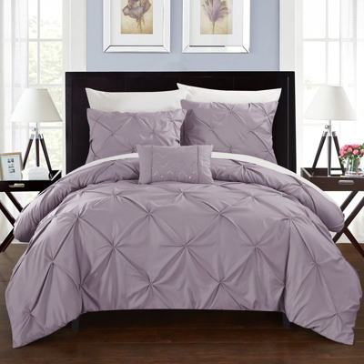 Chic Home Design Whitley 4 Piece Duvet Cover Set Ruffled Pinch Pleat Design Embellished Zipper Closure Bedding In Purple