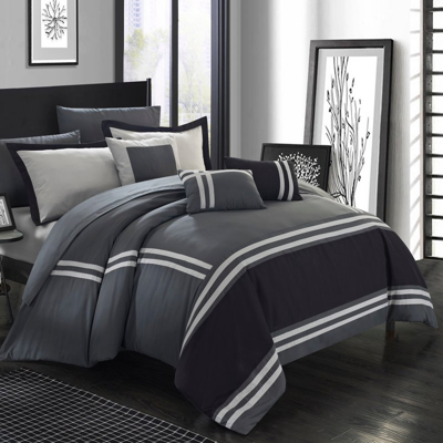 Chic Home Design Georgette 10 Piece Comforter Set Complete Bed In A Bag Pieced Color Block Banding Bedding In Black