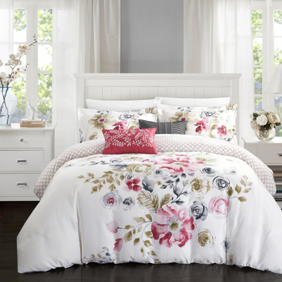 Chic Home Design Aylett 5 Piece Reversible Comforter Set 100% Cotton Large Floral Design Geometric Scale Pattern Prin In Pink