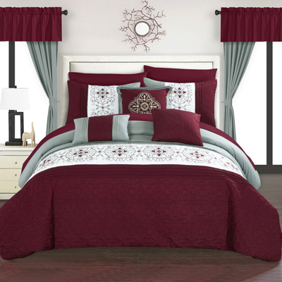 Chic Home Design Herta 20 Piece Comforter Set Color Block Floral Embroidered Bed In A Bag Bedding In Red