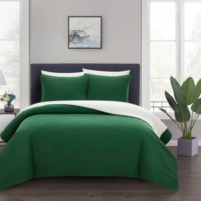 Chic Home Design St Paul 2 Piece Quilt Set Contemporary Striped Design Sherpa Lined Bedding In Green