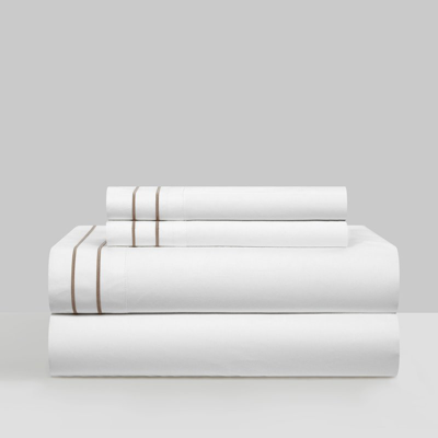 Chic Home Design Valencia 4 Piece Organic Cotton Sheet Set Solid White With Dual Stripe Embroidery