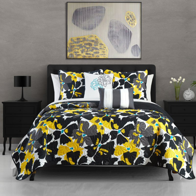 Chic Home Design Aster 7 Piece Quilt Set Contemporary Floral Design Bed In A Bag In Black