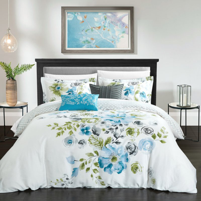 Chic Home Design Aylett 5 Piece Reversible Comforter Set 100% Cotton Large Floral Design Geometric Scale Pattern Prin In Blue