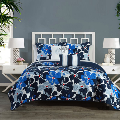 Chic Home Design Aster 7 Piece Quilt Set Contemporary Floral Design Bed In A Bag In Blue