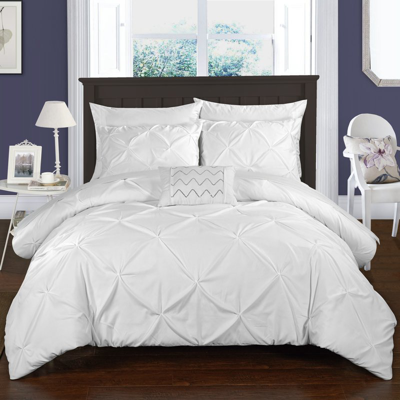 Chic Home Design Whitley 4 Piece Duvet Cover Set Ruffled Pinch Pleat Design Embellished Zipper Closure Bedding In White