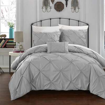 Chic Home Design Whitley 3 Piece Duvet Cover Set Ruffled Pinch Pleat Design Embellished Zipper Closure Bedding In Grey