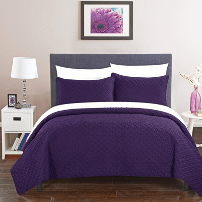 Chic Home Design Mather 3 Piece Quilt Cover Set Rose Star Geometric Quilted Bedding In Purple