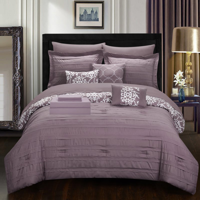 Chic Home Design Zarina 10 Piece Reversible Comforter Bed In A Bag Ruffled Pinch Pleat Motif Pattern Print Complete B In Purple