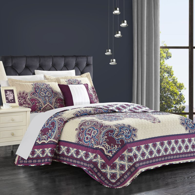 Chic Home Design Muraqqa 4 Piece Reversible Quilt Cover Set 100% Cotton Bohemian Inspired Vintage Panel Frame Geometr In Purple