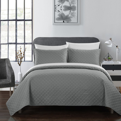 Chic Home Design Mather 3 Piece Quilt Cover Set Rose Star Geometric Quilted Bedding In Gray
