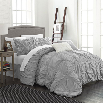 Chic Home Design Hyatt 10 Piece Comforter Set Floral Pinch Pleated Ruffled Designer Embellished Bed In A Bag Bedding In Gray