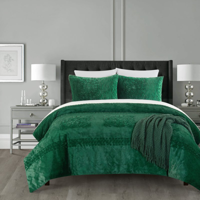 Chic Home Design Amara 3 Piece Comforter Set Embossed Mandala Pattern Faux Fur Micromink Backing Bedding In Green