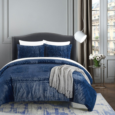 Chic Home Design Amara 3 Piece Comforter Set Embossed Mandala Pattern Faux Fur Micromink Backing Bedding In Blue