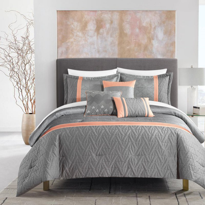 Chic Home Design Macie 6 Piece Comforter Set Jacquard Woven Geometric Design Pleated Quilted Details Bedding In Gray